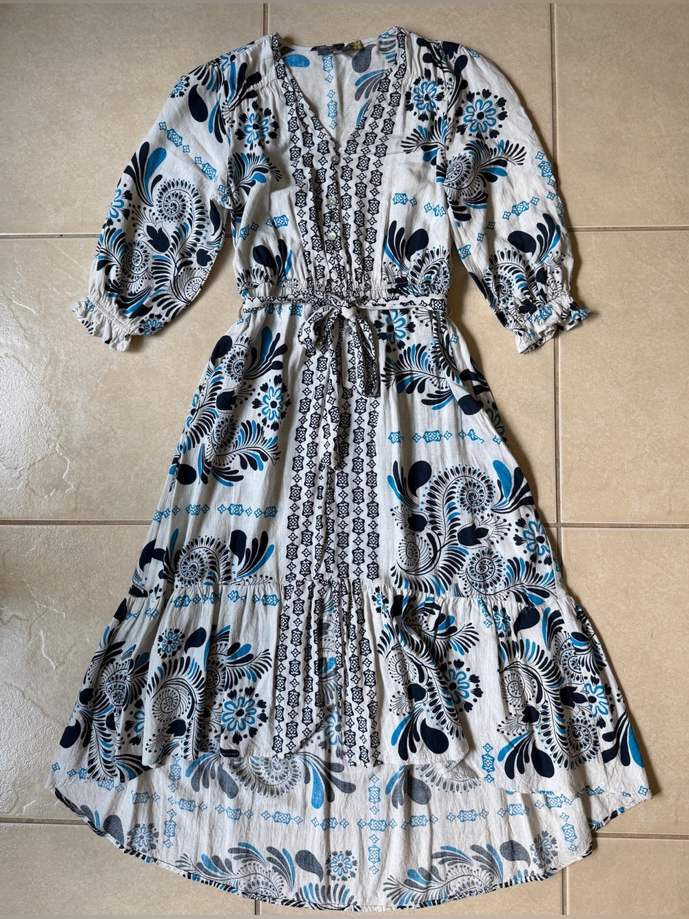 Figueroa & Flower Women’s Small S Boho High Low Ruffle Midi Dress Blue White
